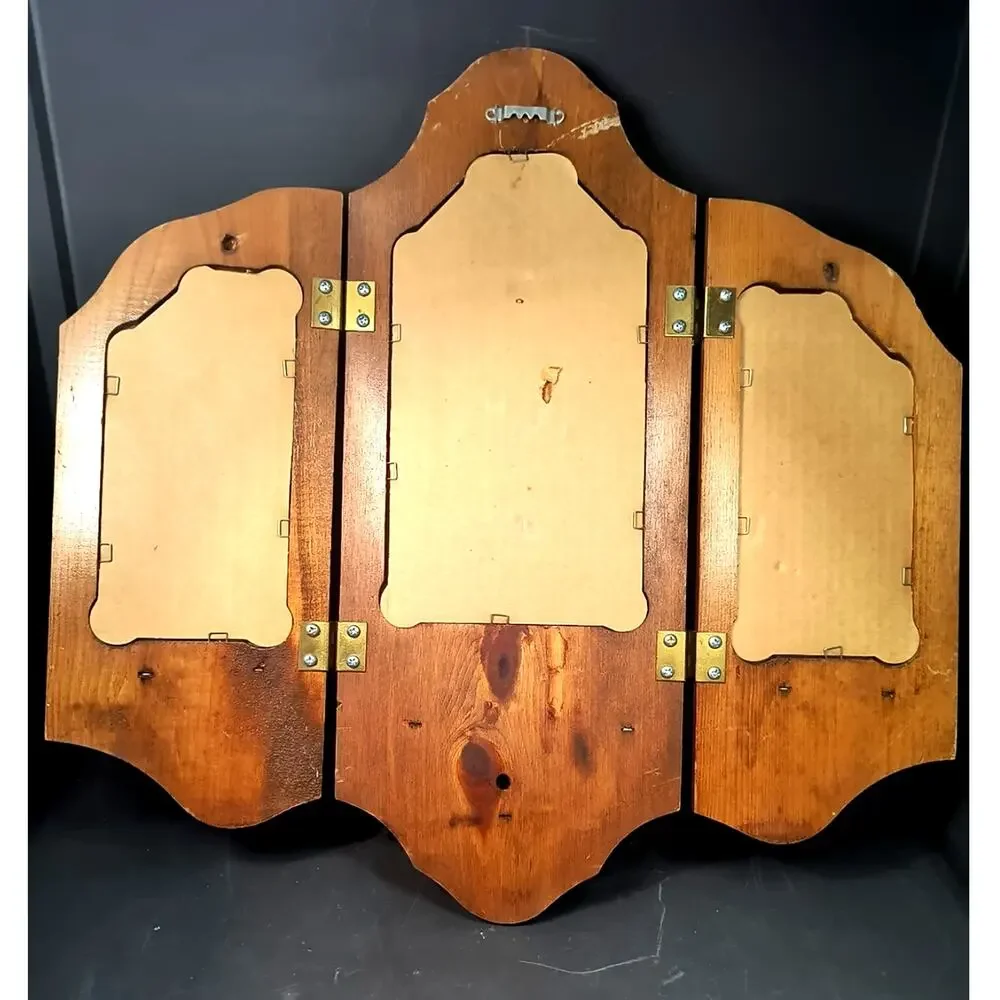1812.  Vintage MCM Tri Fold Wooden Mirrored Sconce Shelf
